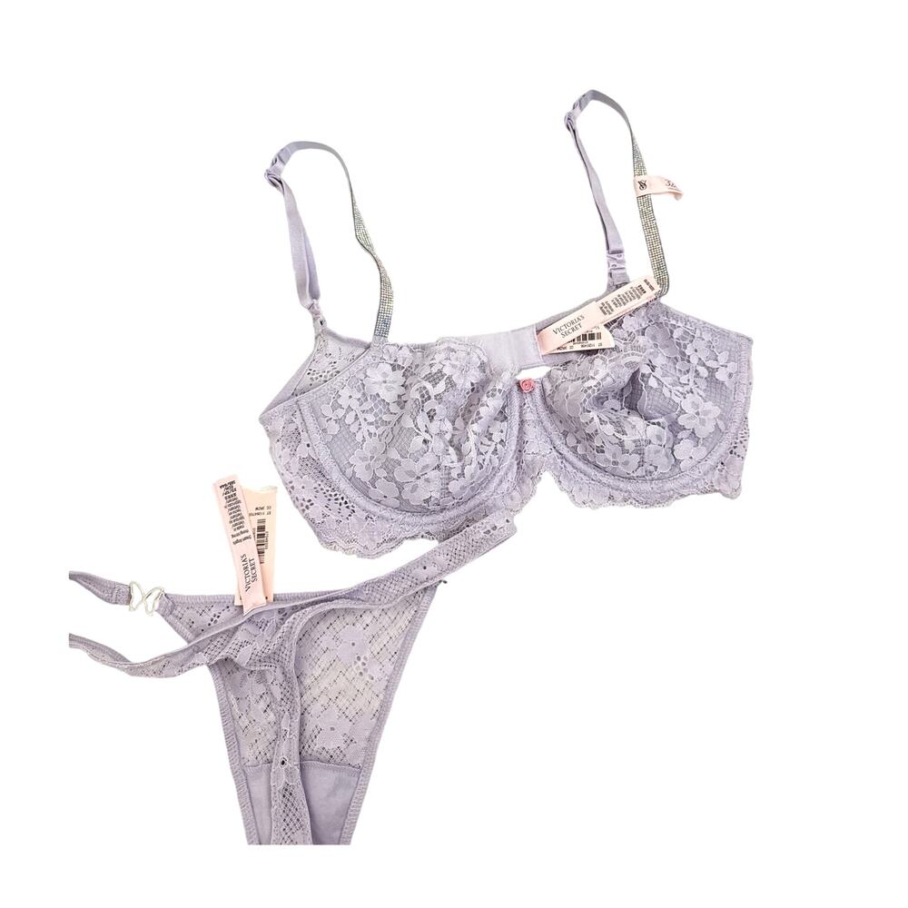 NWT Victoria's Secret Lingerie Purple Lace Diamond Detail Bra 32D Thong Panty XS